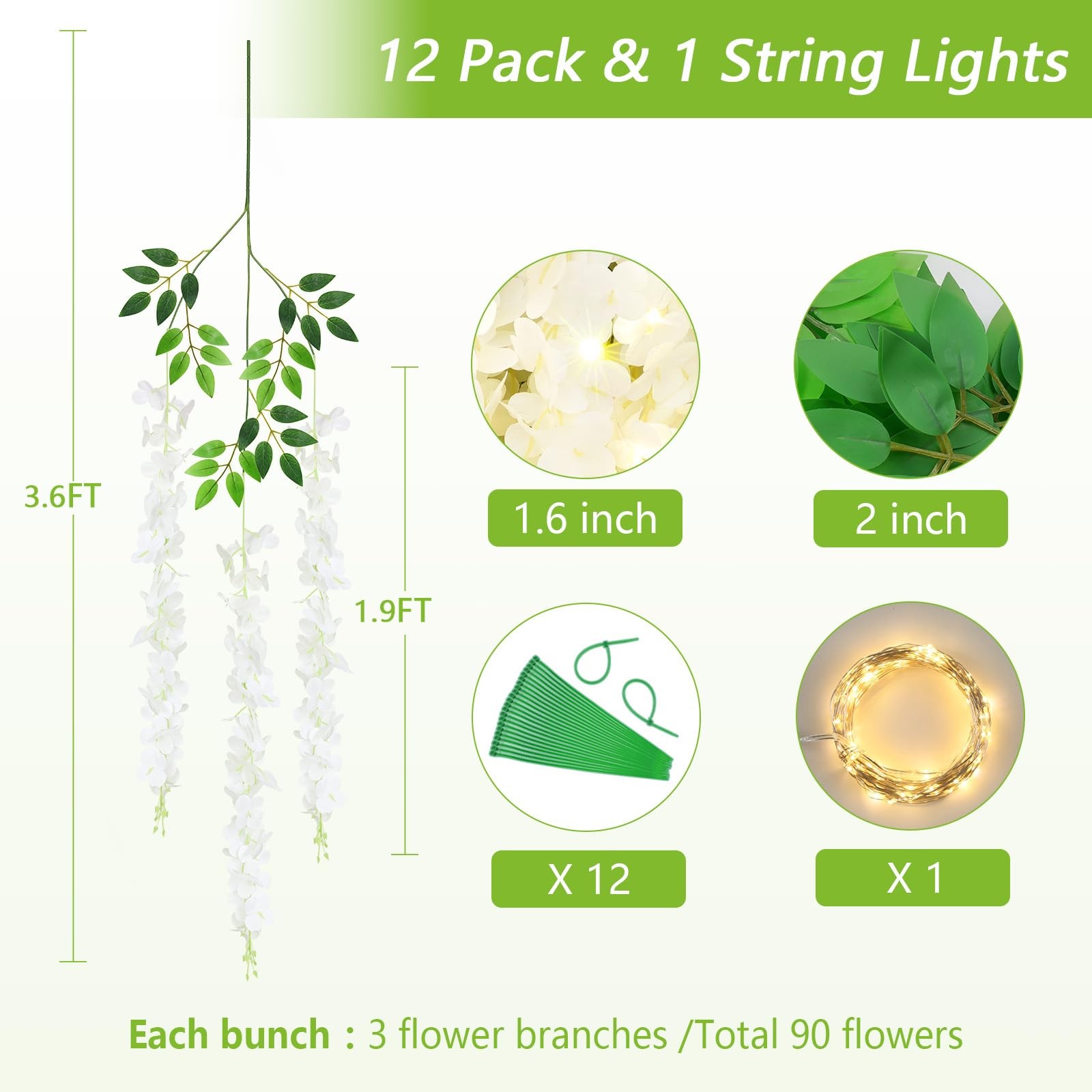 12Pcs Artificial Wisteria Hanging Flowers with Lights, 3.6Ft/Pcs White Fake W…