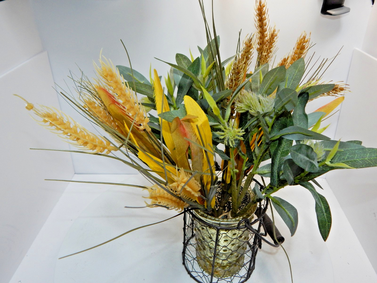 Bouquet Mix Artificial Fall Foilage ripened wheat grains stems glass wire basket