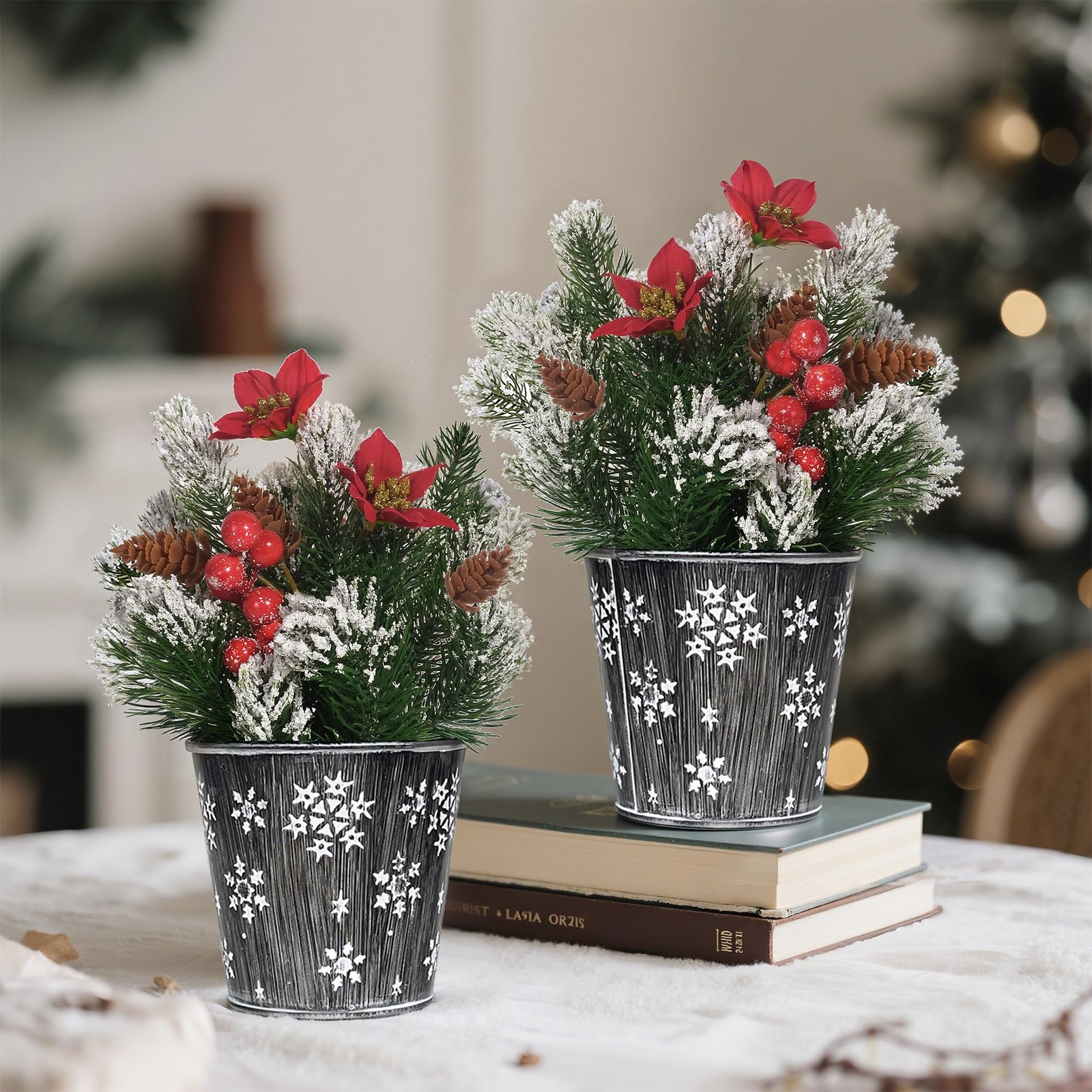 Potted Snowy Norfolk Pine Branches with Poinsettias Barries and Pin Cones