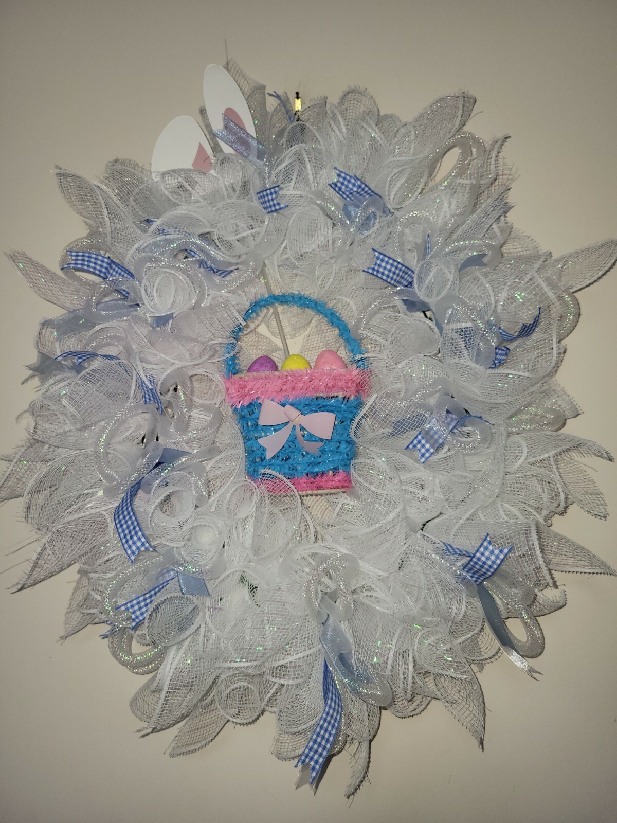 Welcome EASTER egg basket blue yellow purple pink SPRING Wreath Deco Mesh Door