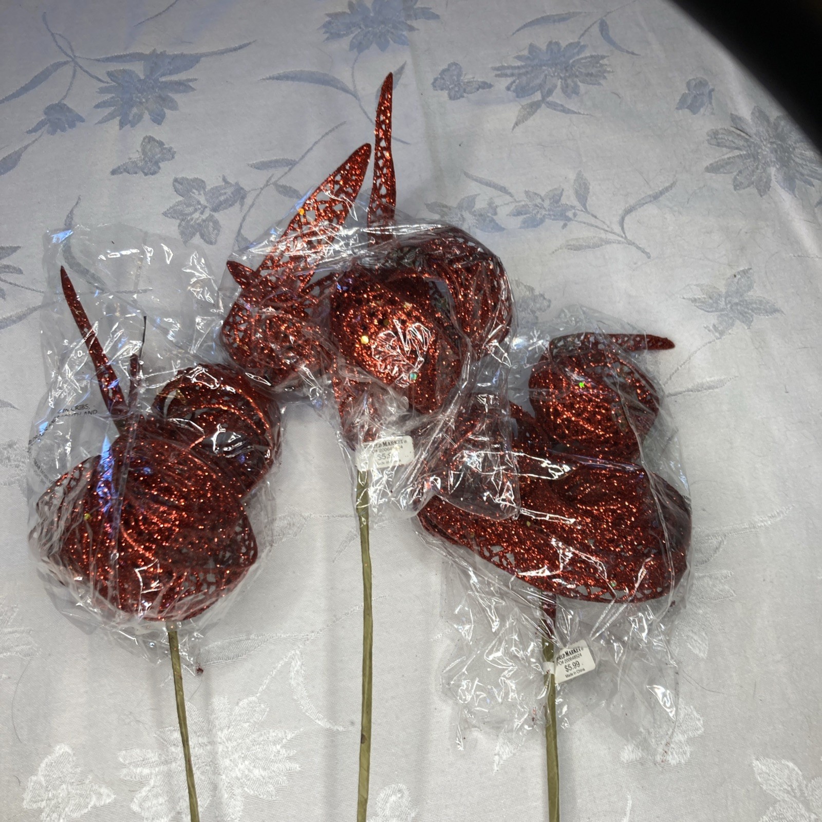 Set Of 3 World Market Red Glitter 20 Inch Floral Plant Stake Knot Rolled