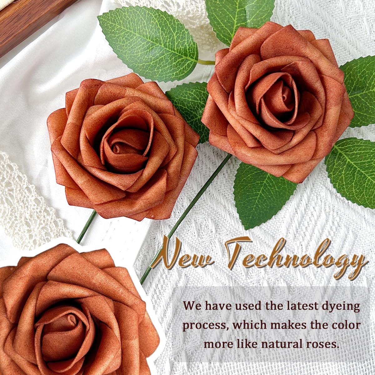 25pcs Artificial Flowers Burnt Orange Foam Fake Rose with Stems 8 Leaves Real…