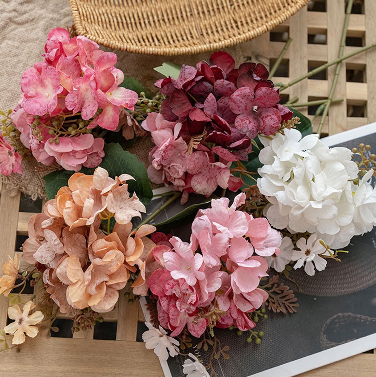 Set of 5-Stems Faux Hydrangea Silk Bouquet 13″ Tall with 10-inch Bloom Cluste…