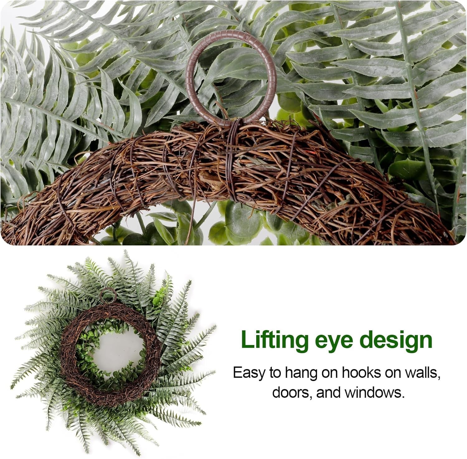 26” Eucalyptus and Boston Ferns Wreath for Front Door – Artificial Eucalyptu…