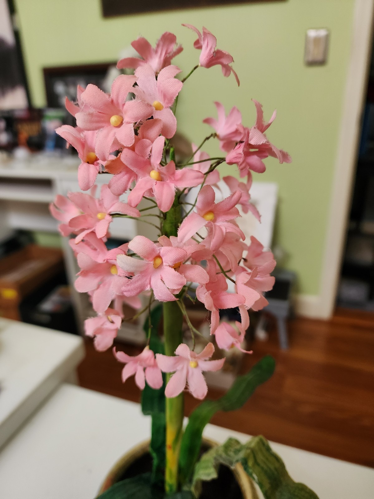 Vintage Artificial Pink Hyacinth Floral Arrangement Primitive Pottery Decor