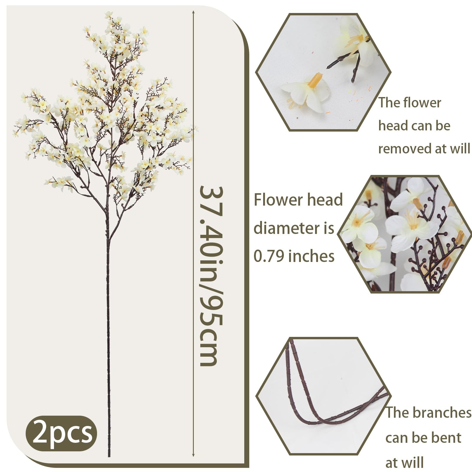 2 Pcs Artificial Cherry Blossom Flowers Bulk White Fake Fall Flowers Branches…