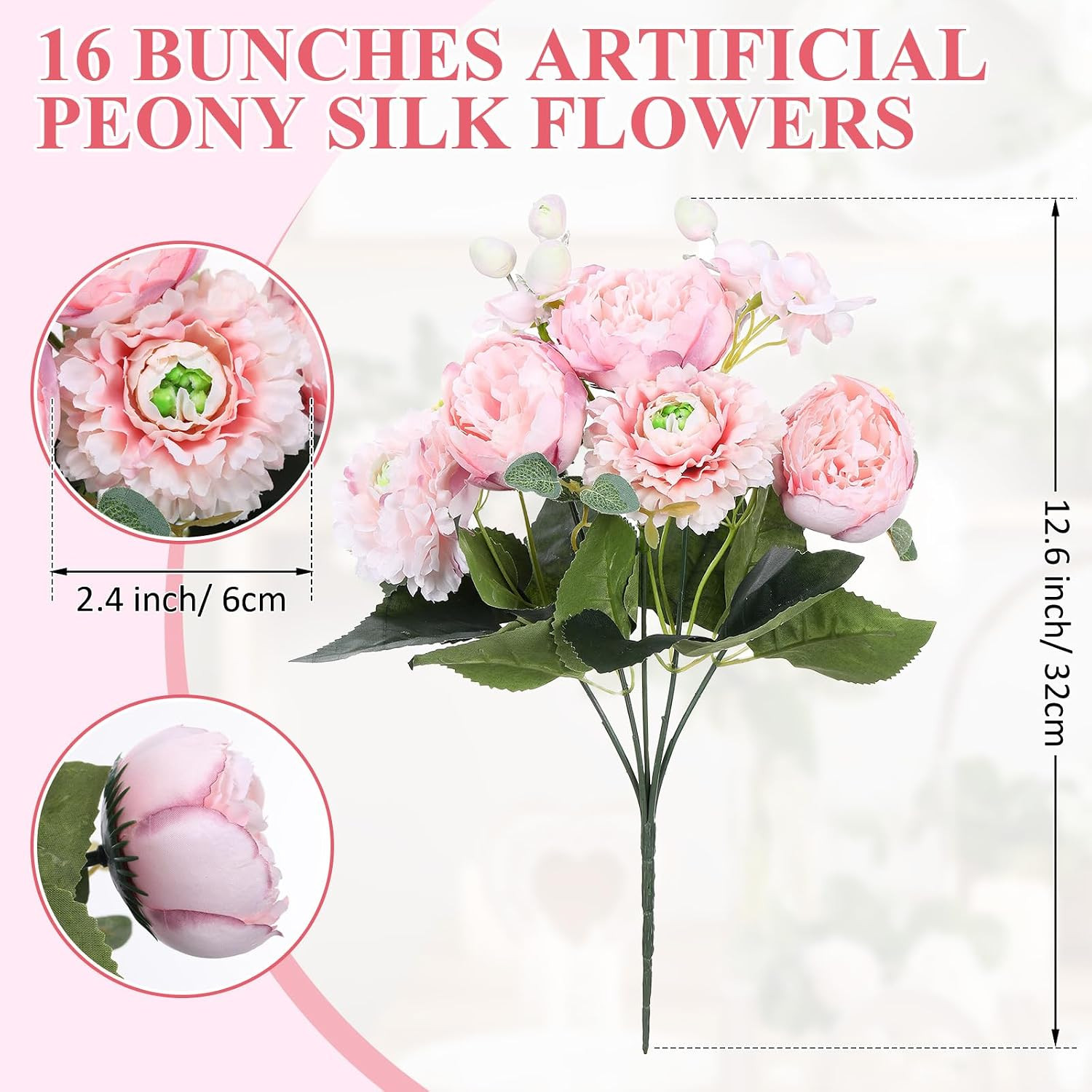16 Bundles Artificial Peony Silk Flower Hydrangea Fake Peony Bouquet Elegant Fau