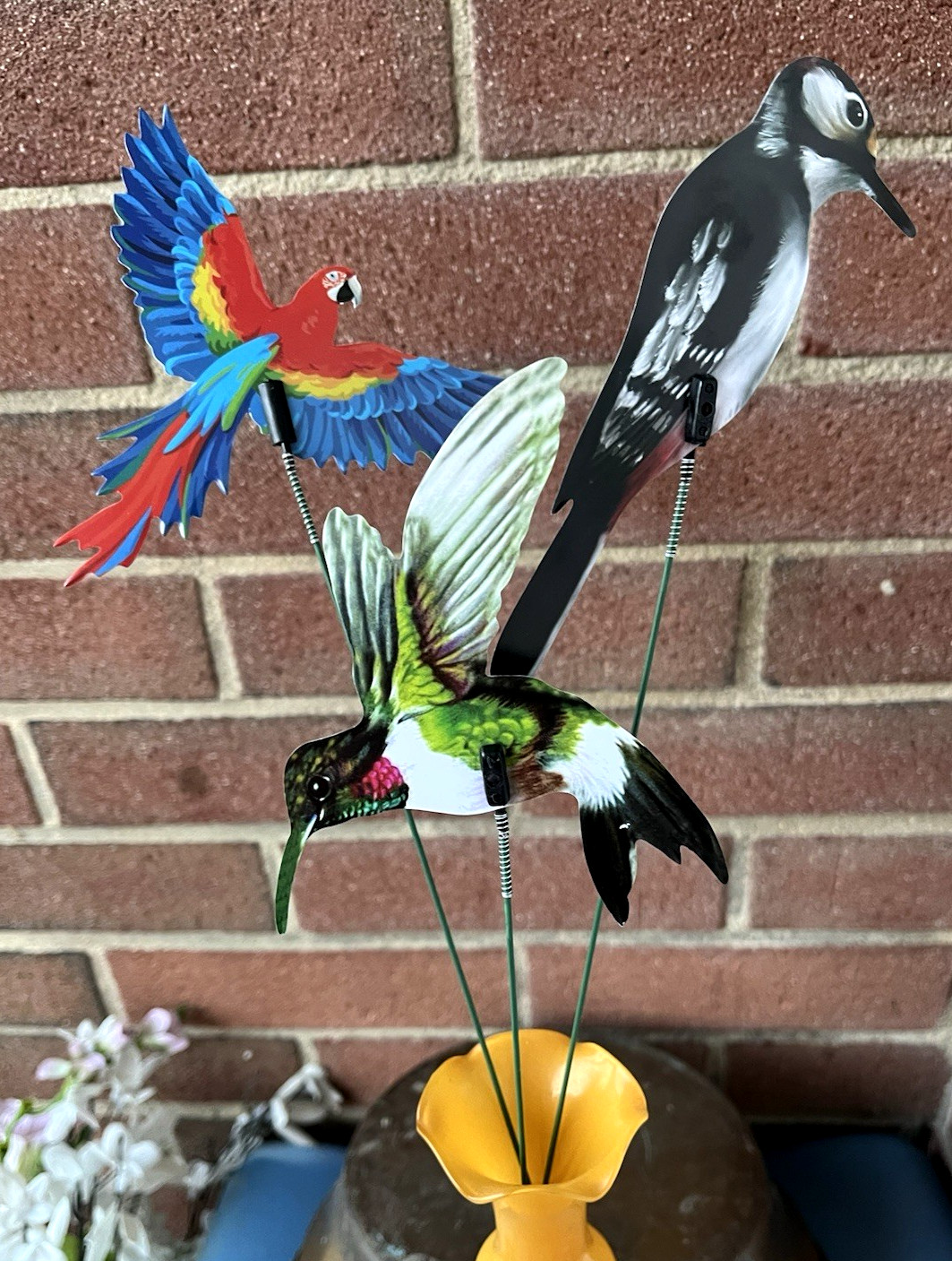 Bird Picks Lot of 3 Decorative Plastic w/Wire Stems Macaw Hummingbird Woodpecker