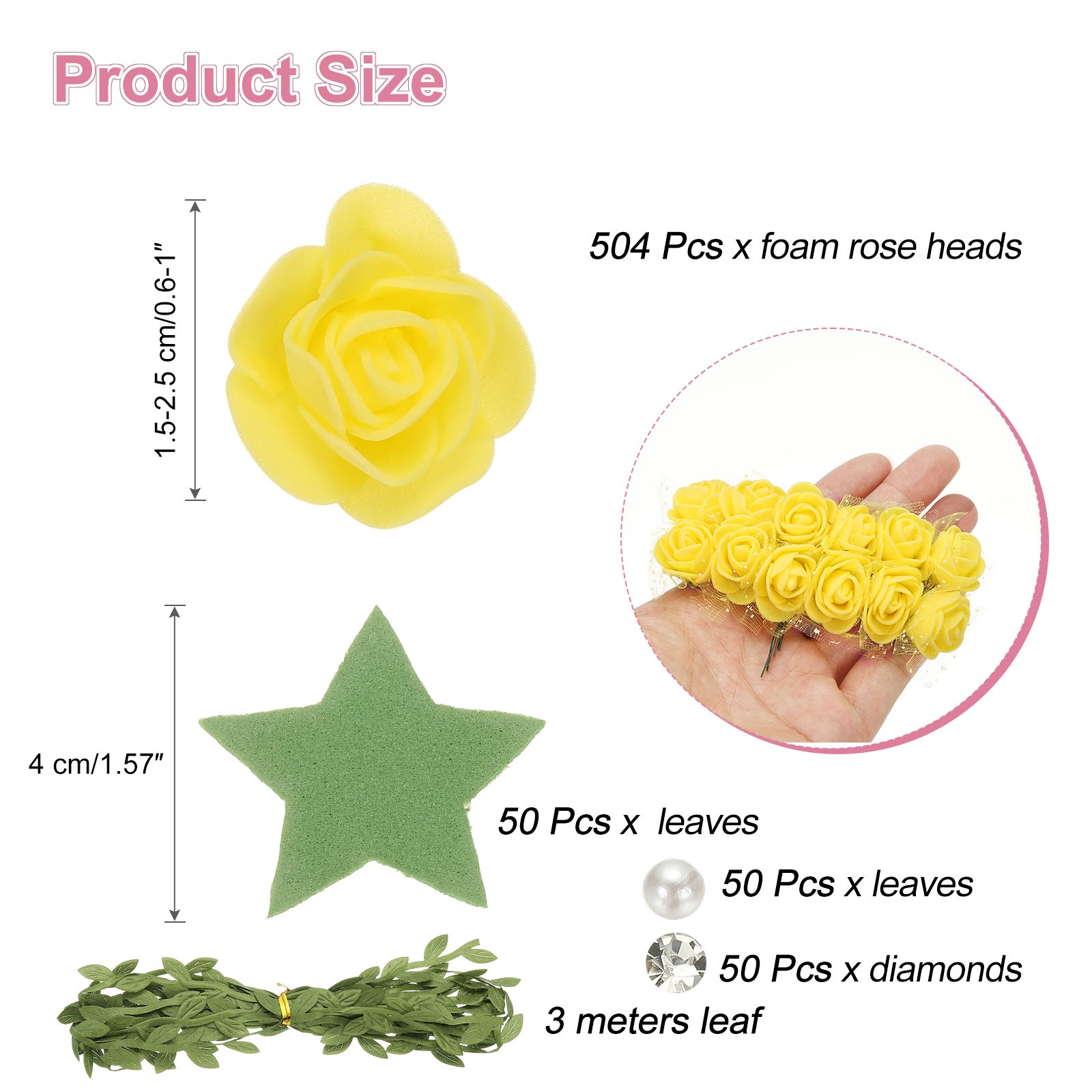 504pcs Foam Rose Heads 1.5-2.5 cm for DIY Crafts Accessories, Yellow