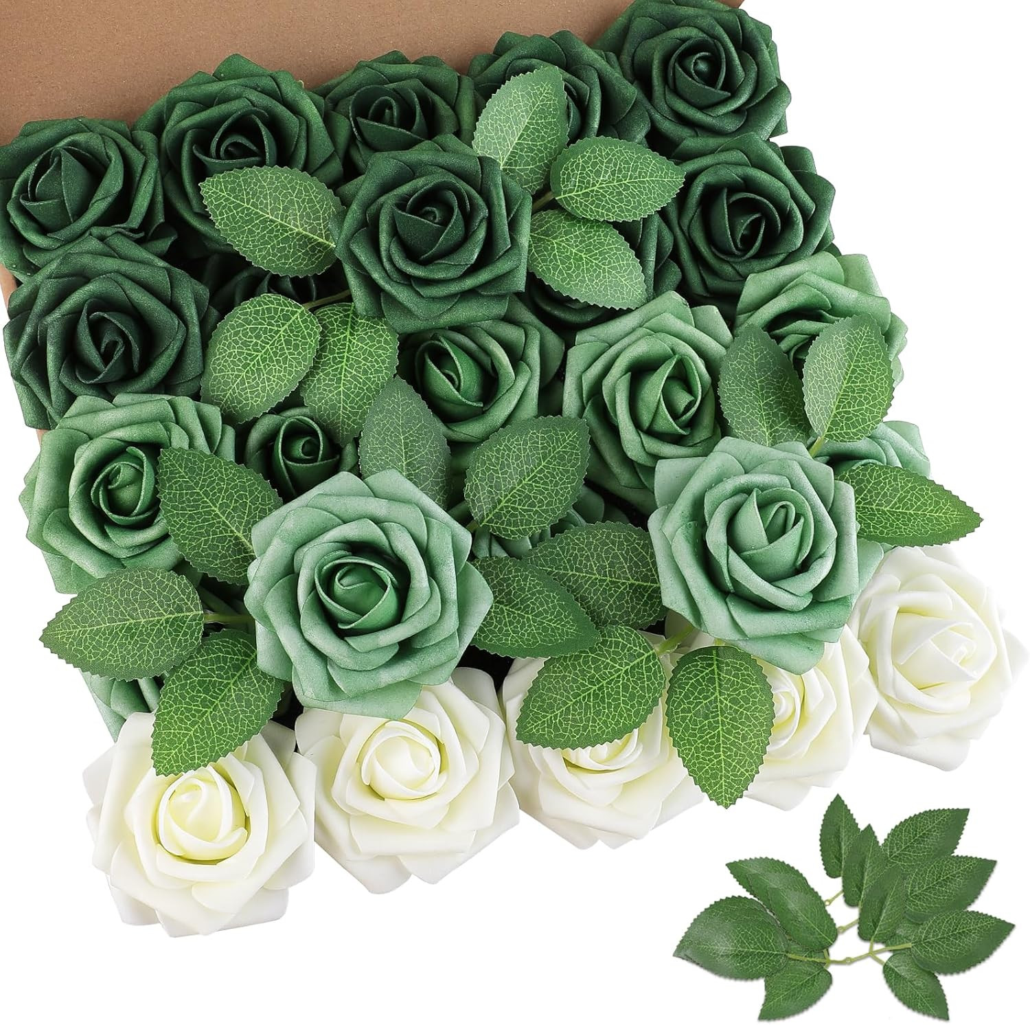 25Pcs Real Looking Artificial Shades of Forest Roses W/Stem for DIY Wedding Bouq