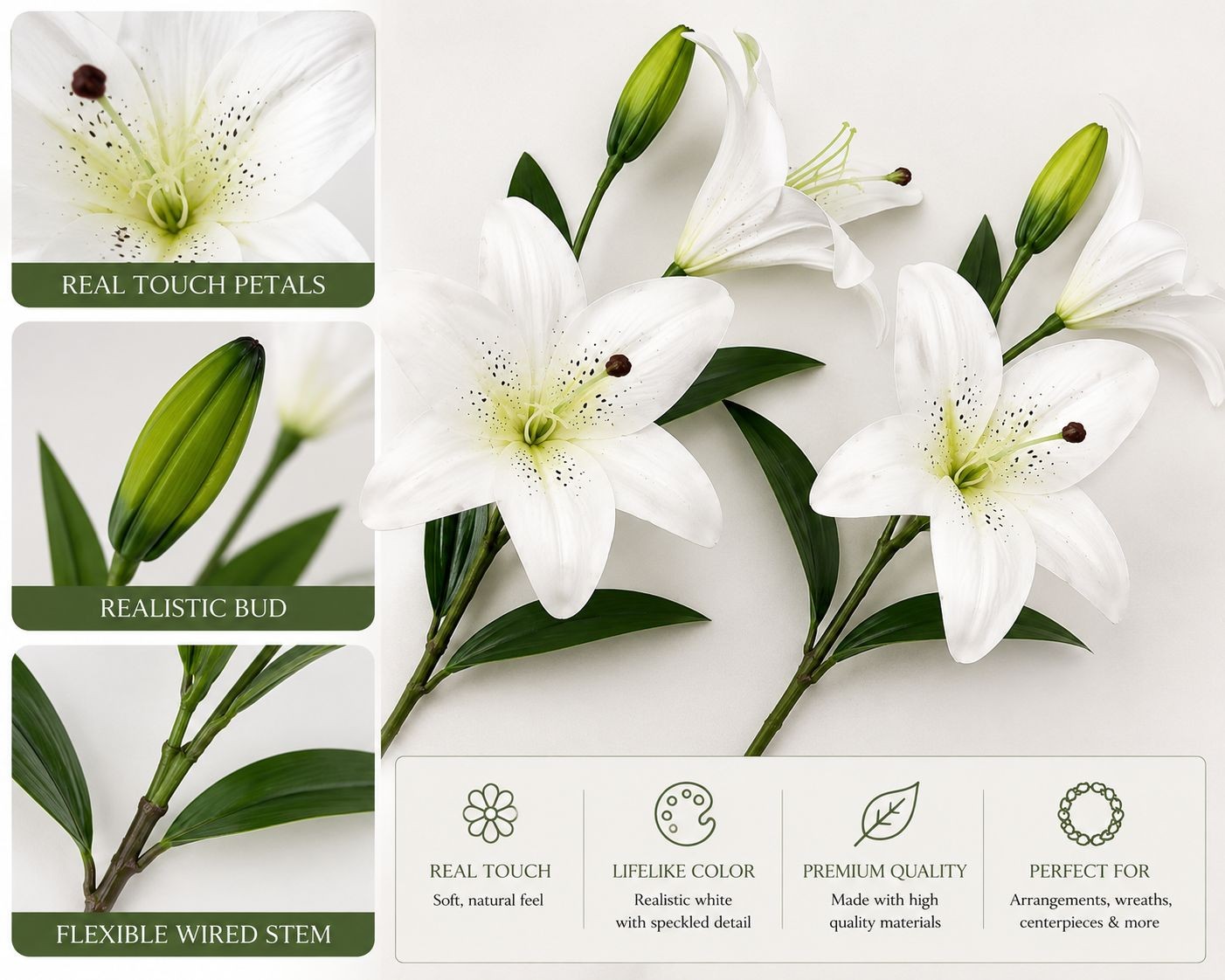 Real Touch White Lily Stems Set of 2, Artificial Lily Flowers, Faux Floral Stems