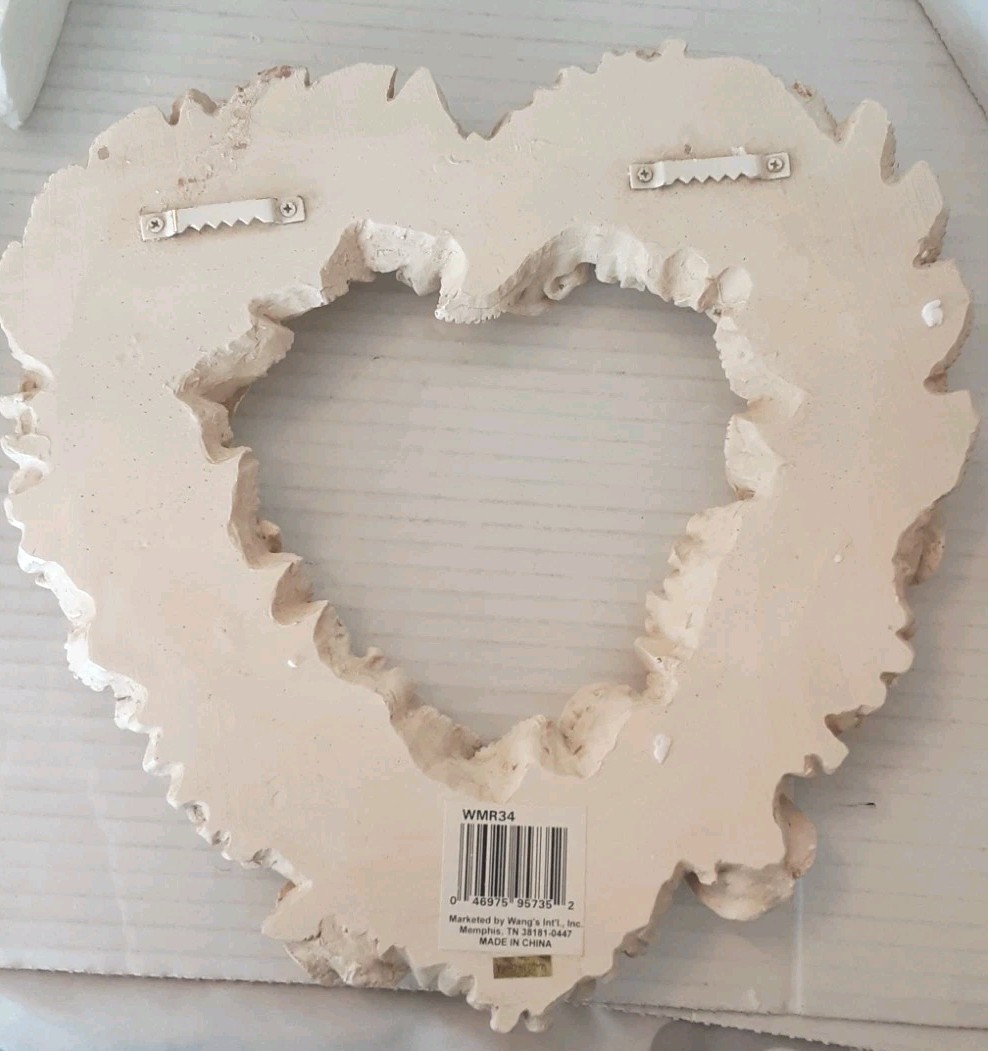 Vtg Resin Heart Rose & Hydrangea Off White Wreath Wall Hanging Decor W/Box
