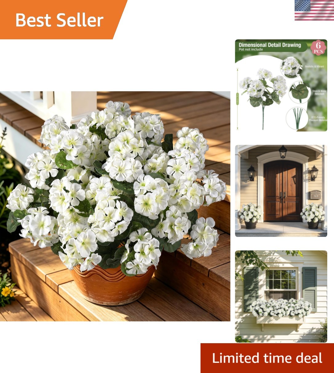 Artificial Flowers for Outdoors, 6 Bundles Realistic Fake Silk White Geranium…