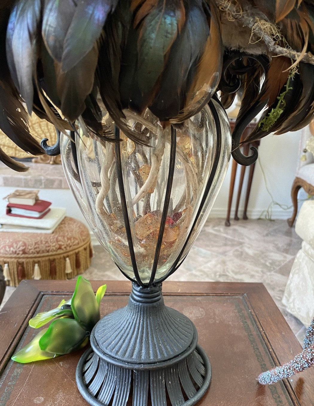 XL Custom Designer Muted Floral Arrangement W Pheasant Feathers, Silk & Dried
