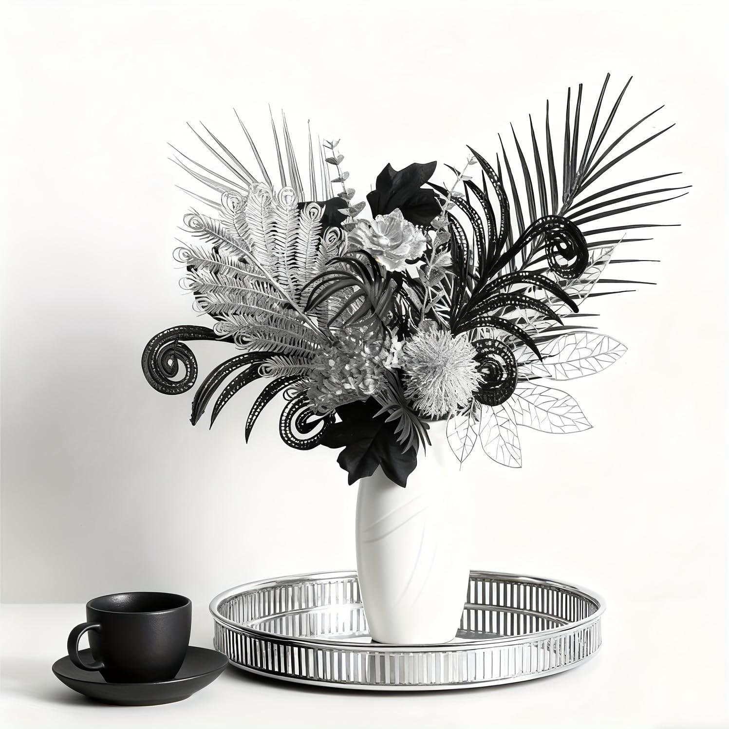 17Inch Black Silver Metallic Artificial Flowers Gothic Bouquet Party Decor