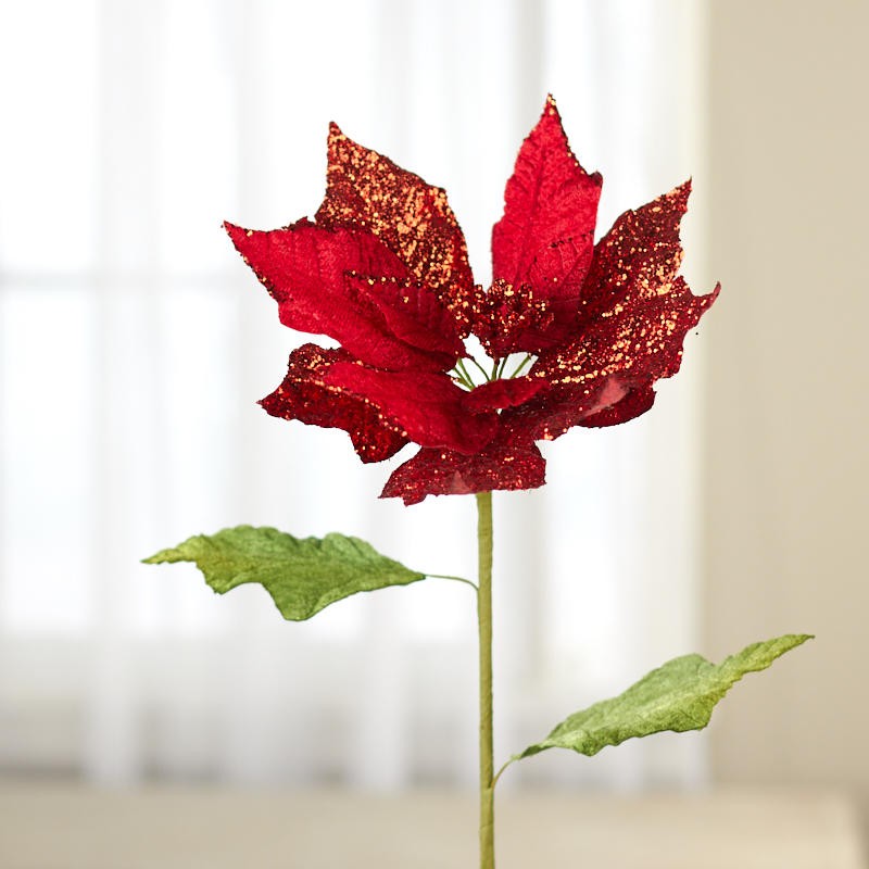 Factory Direct Craft Red Velvet Glitter Poinsettia Stem Holiday Decor