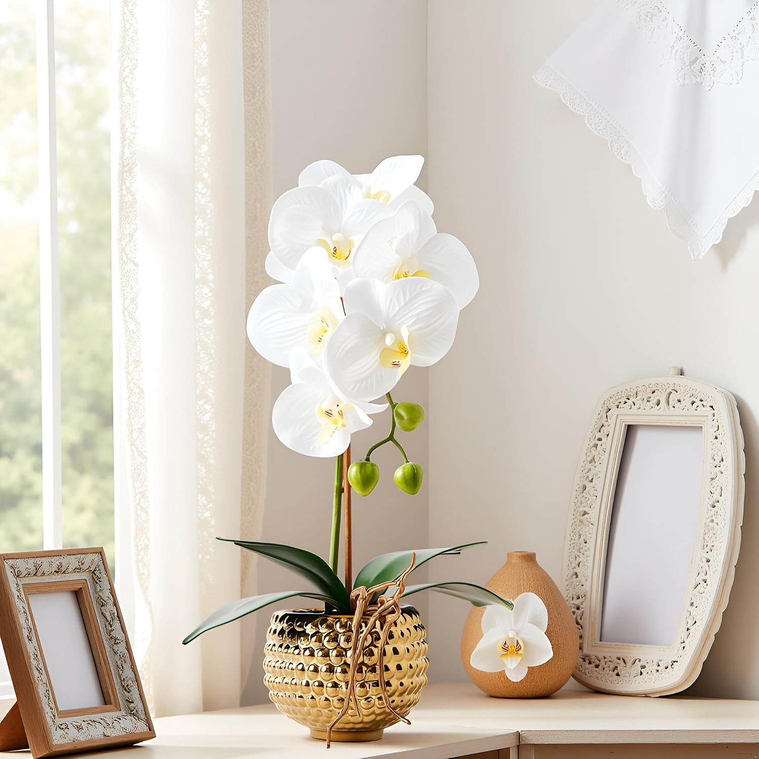 Orchids Artificial Flowers, 15″ Faux Orchid in Gold Flower Pot Real Touch Flower