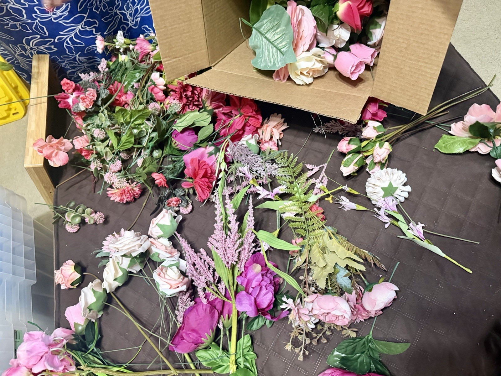 Large Lot / Box of Miscellaneous Artificial Silk Flowers – Bright Pink Shades