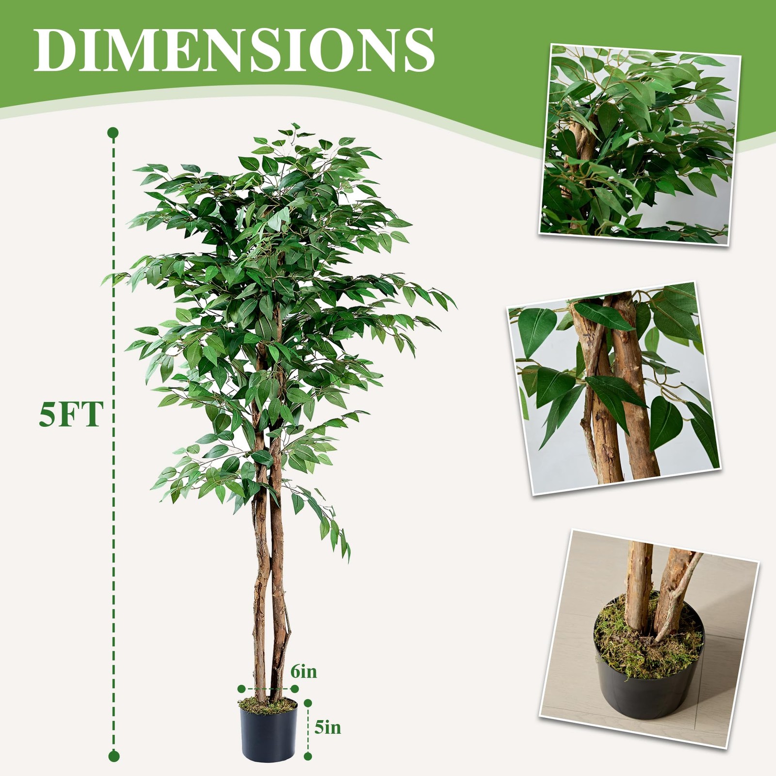 Artificial Ficus Tree with Sturdy Nursery Pot, 5FT Faux Silk Plant for Indoor…