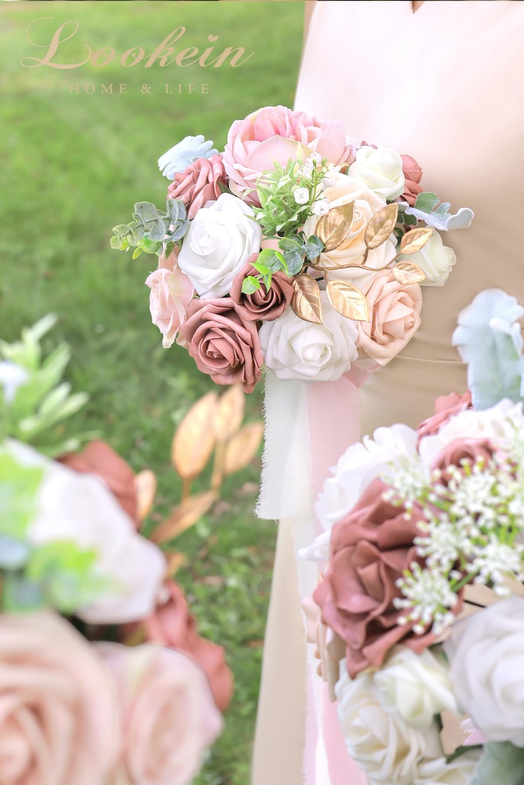 Bridesmaid Bouquet Set of 4 Boho Wedding Bouquet 7-Inch Fake Flower Bouquet f…