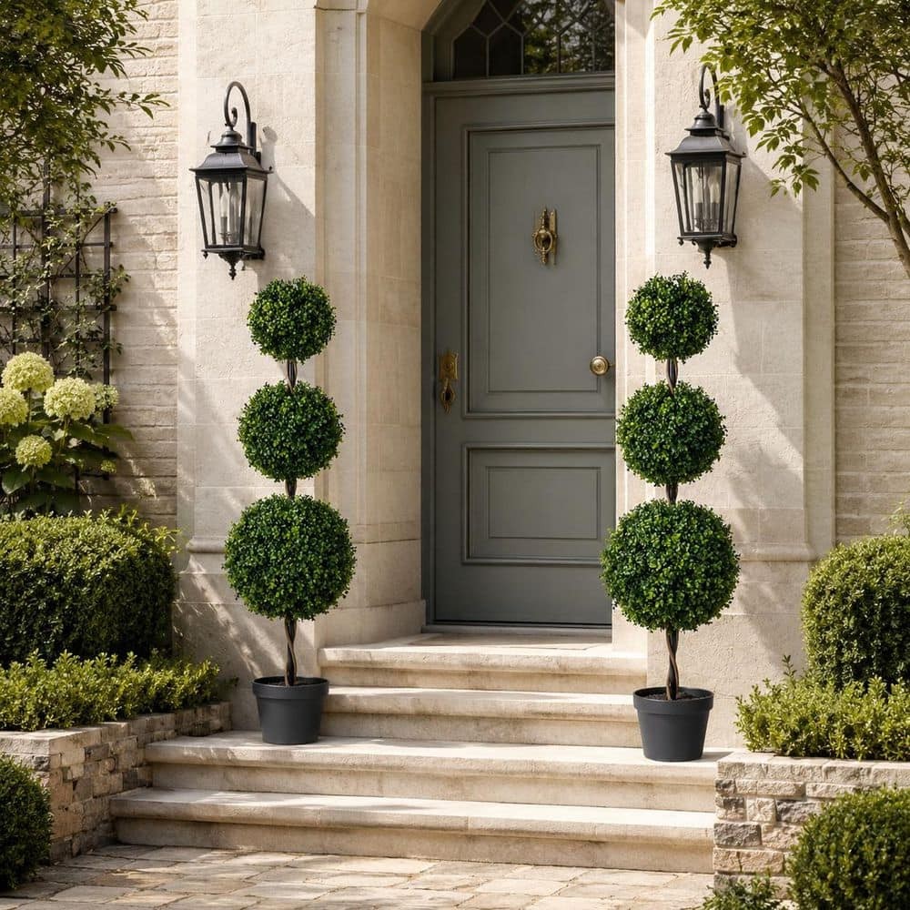 4 Ft. Artificial Triple Ball Topiary Trees Large Faux Boxwood Shrubs Plants for