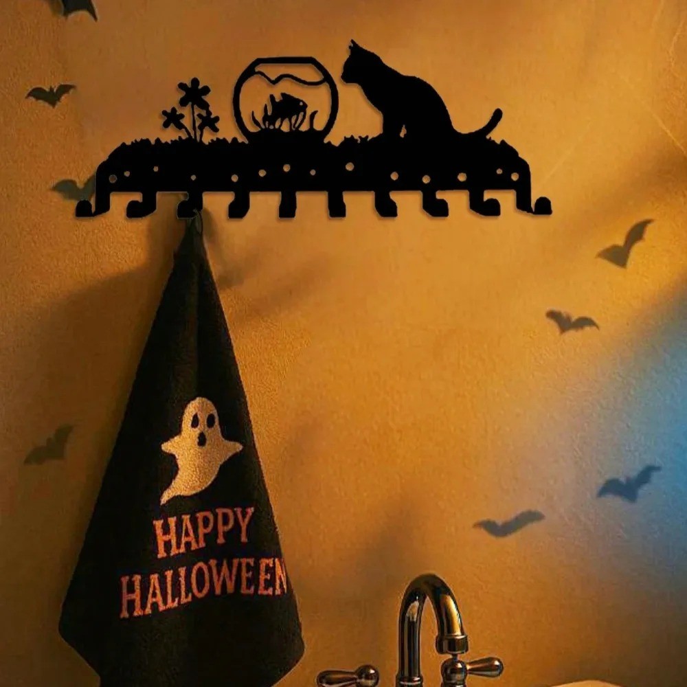 Adorable Black Cat Metal Key Holder Iron Art Entryway Organizer Home Decor