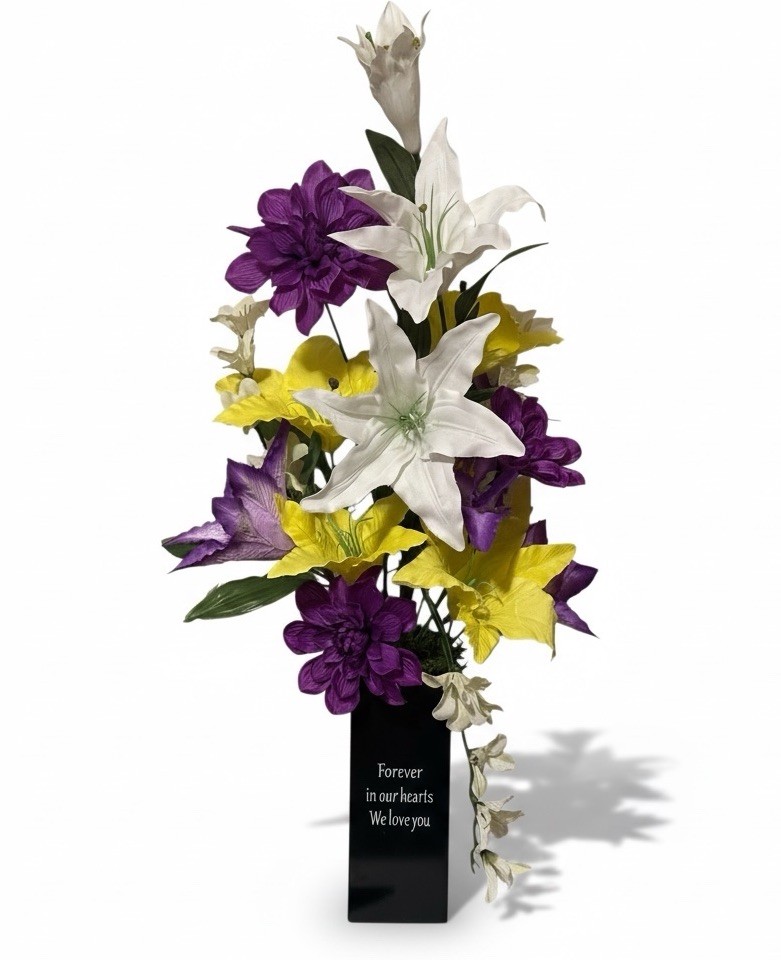 Cemetery Flowers Spring Arrangement Purple White Yellow Metal Inscribed Vase NEW