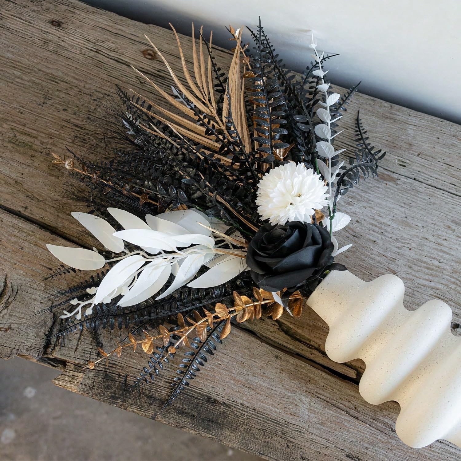 Gothic Aesthetic Decorative Floral Arrangement Black and White Roses with Met…