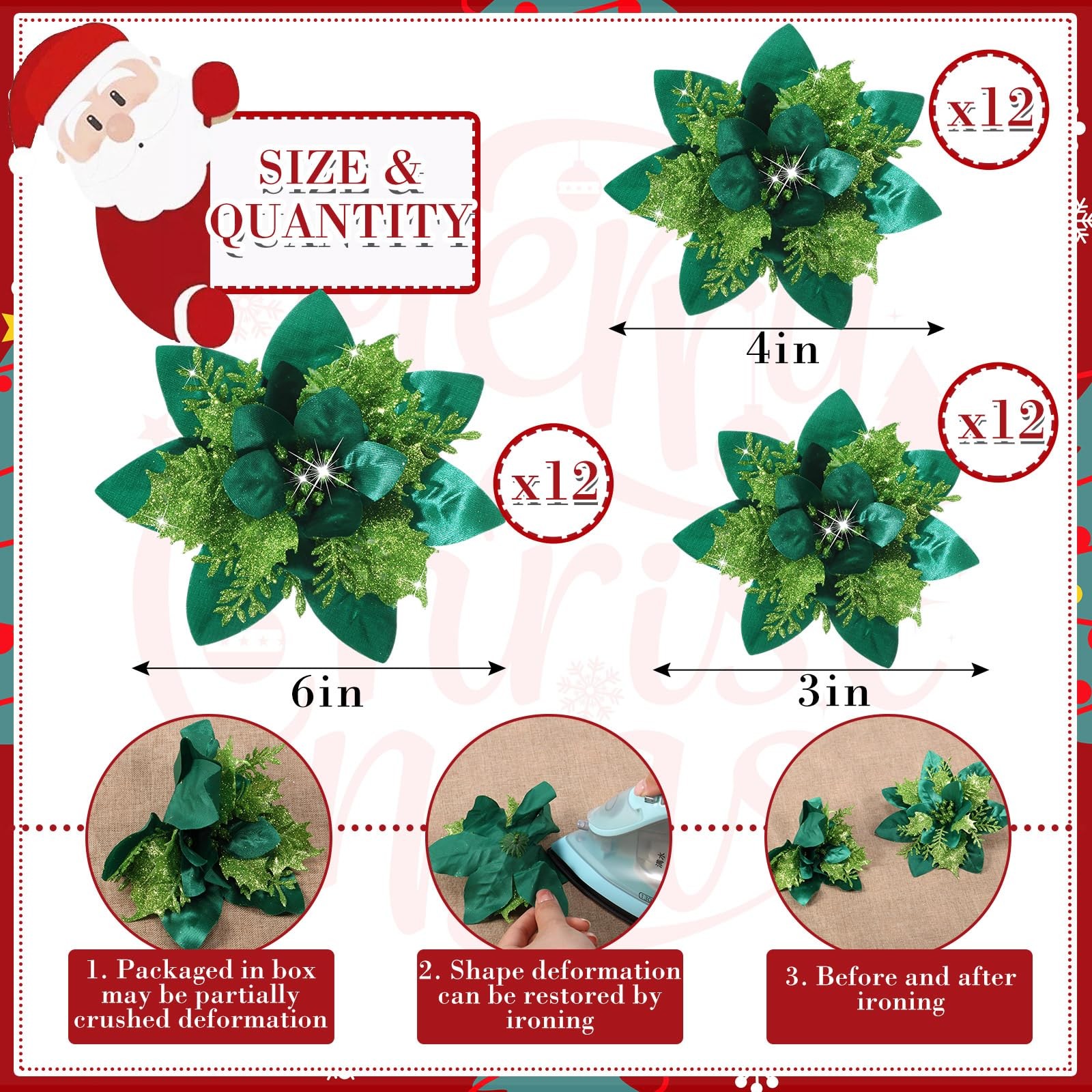 36 Pcs Christmas Glitter Artificial Poinsettia Flowers Xmas Poinsettia Artifi…