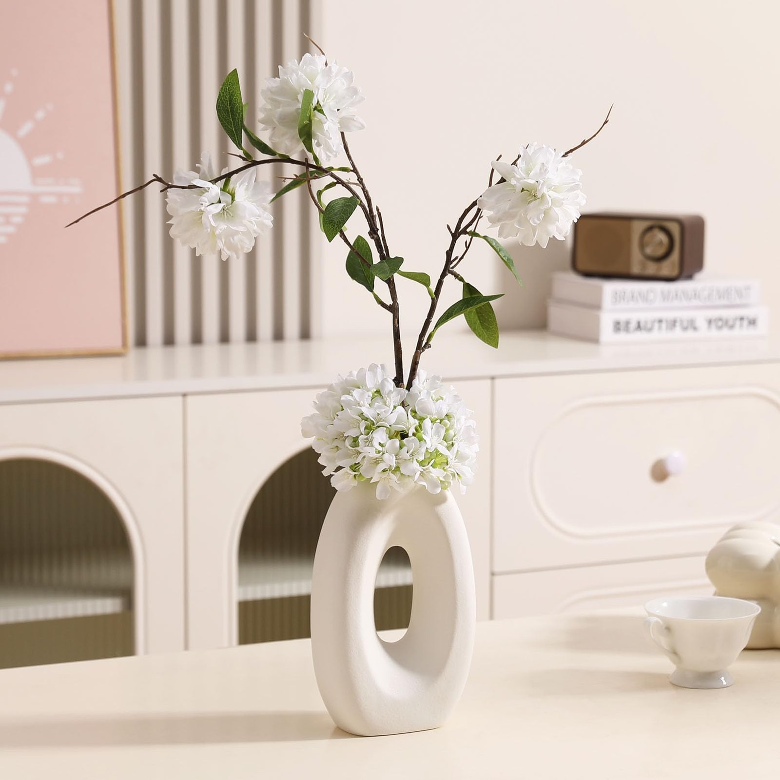 Fake Flower Bouquet and Vase Set Faux Silk Arrangement White Blossoms
