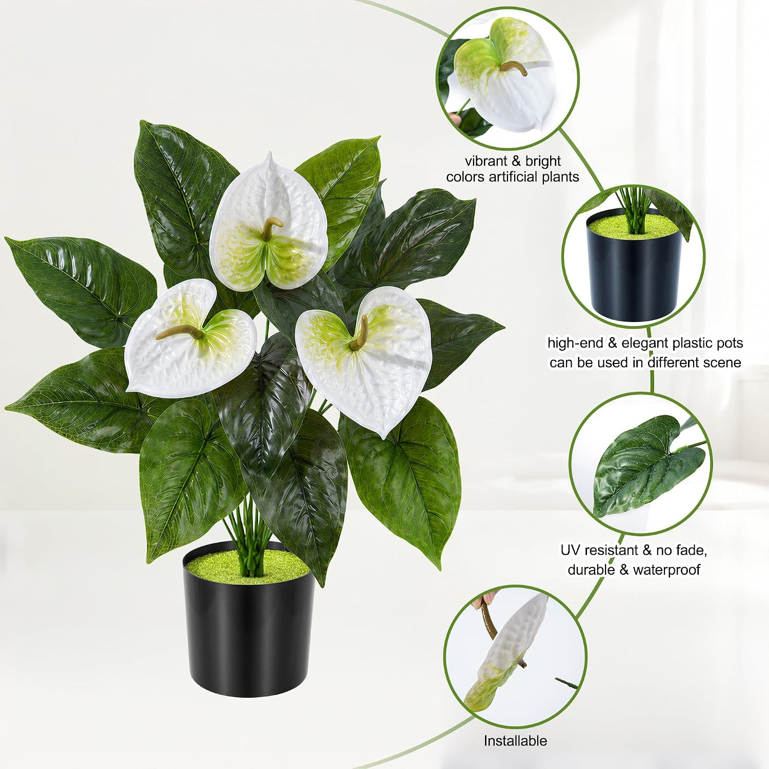 2 Pack Anthurium Artificial Flowers Plants with Pots for Indoor Outdoor Decorati