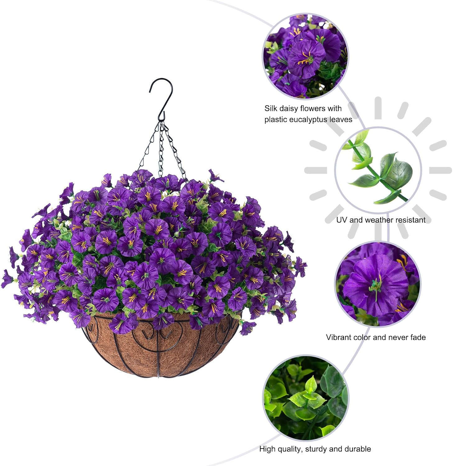 UV Resistant Faux Purple Morning Glory Basket for Outdoor Spring Decor