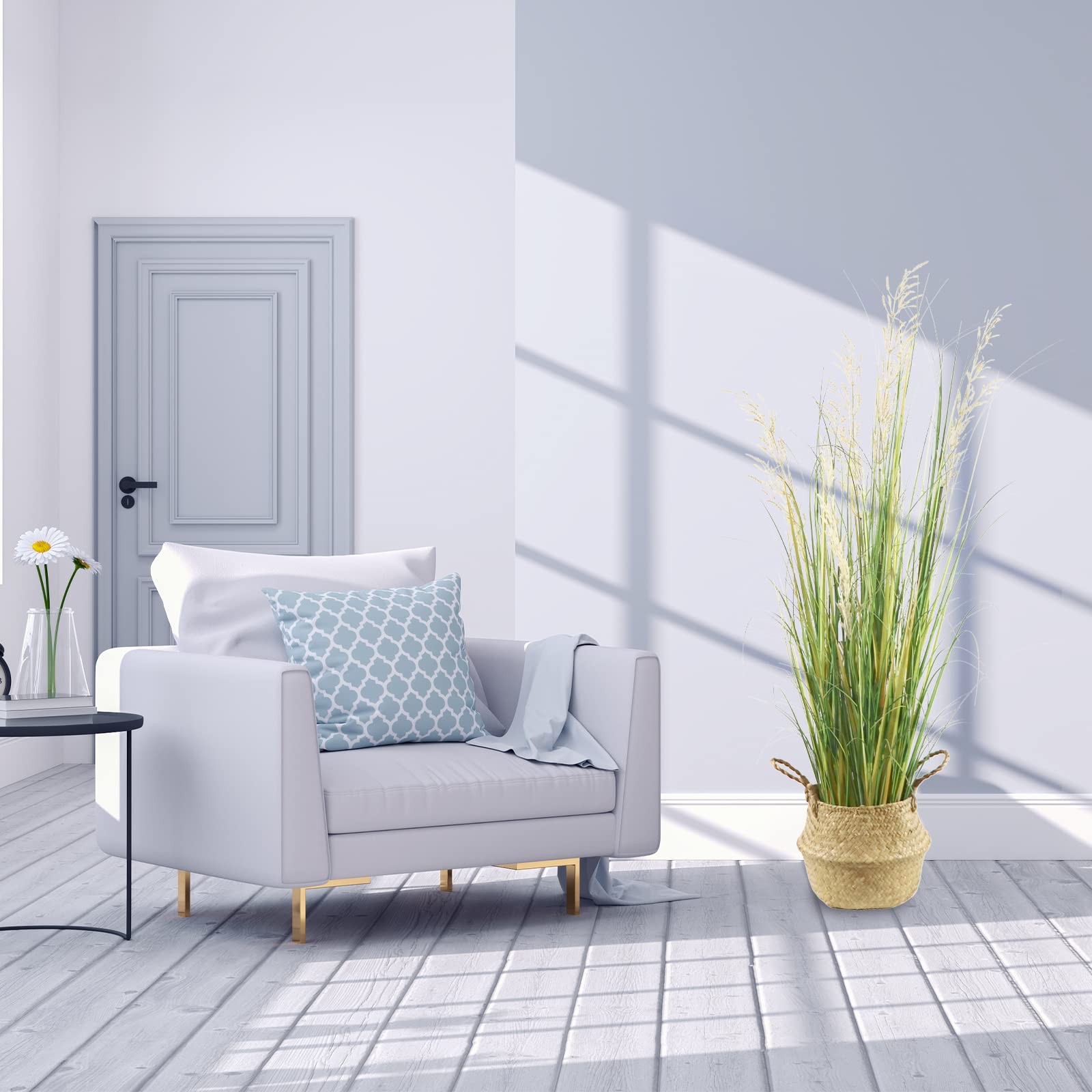 4ft(47in) Tall Artificial Grass Plant with White Reed Flowers in Pot, Faux In…