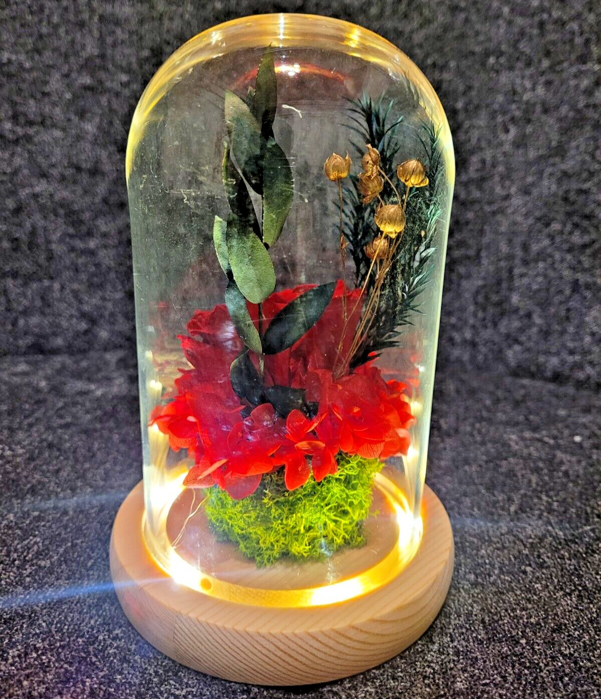 Flower Decoration Glass Cover Wooden Base Valentine’s Day Gift for Girlfriend’