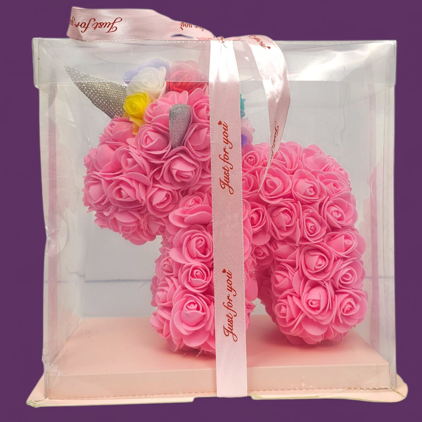 Rose Unicorn Gift – Pink Foam Flowers, Rainbow Mane, “Just For You” Box Damaged