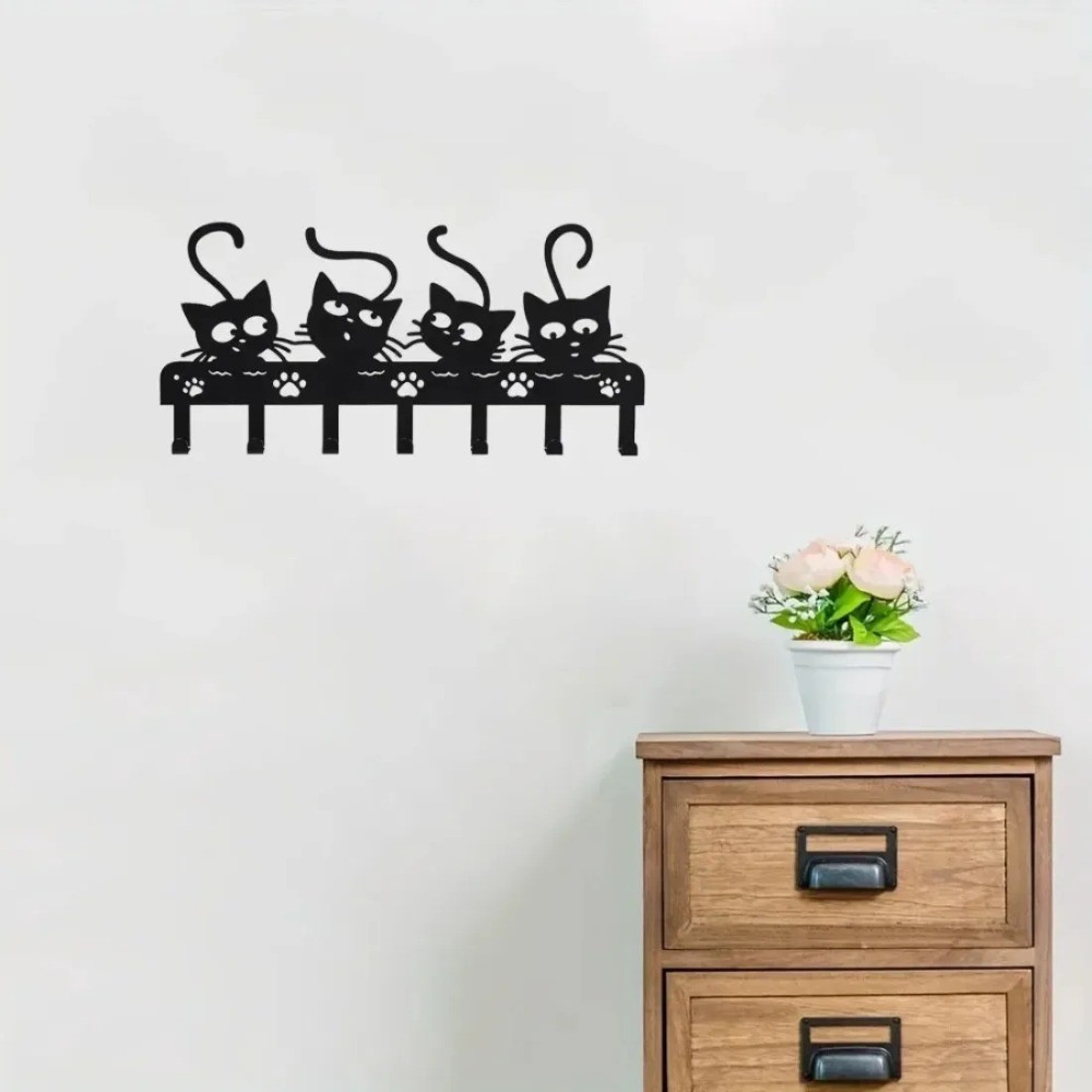7-Claw Black Cat Halloween Key Holder – Iron Entryway Wall Decor Hooks