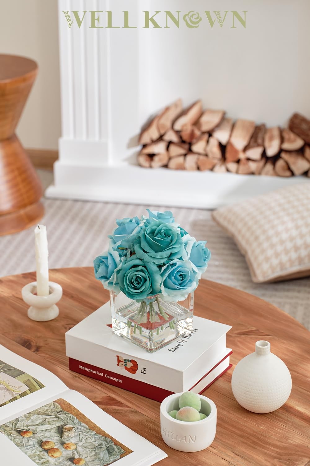 Rose Artificial Flowers Vase Faux Water Silk Centerpieces Home Decor Teal Blue