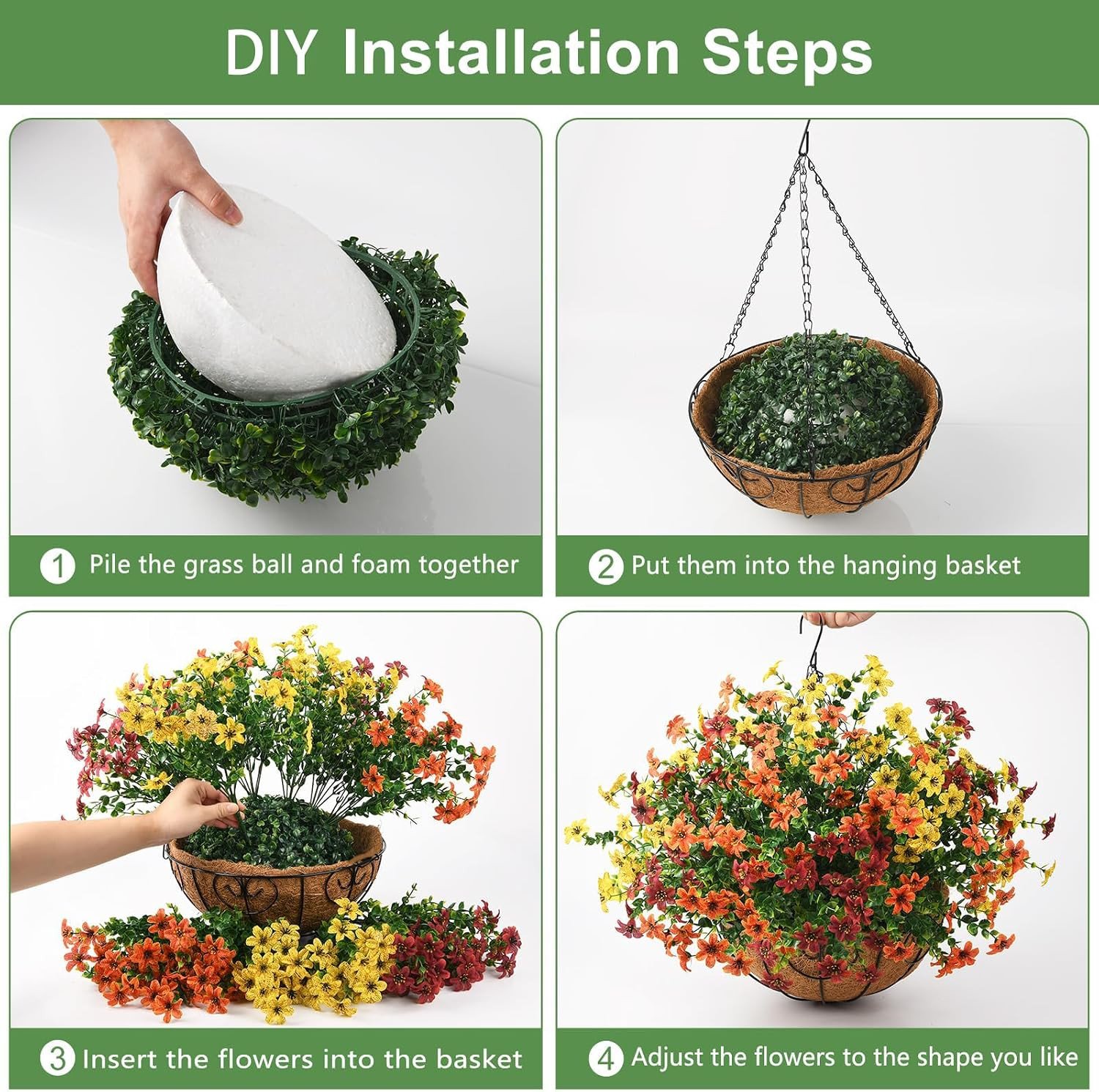 12 Pcs Faux Fall Flowers in Hanging Basket | UV Resistant Silk Daisy Decor