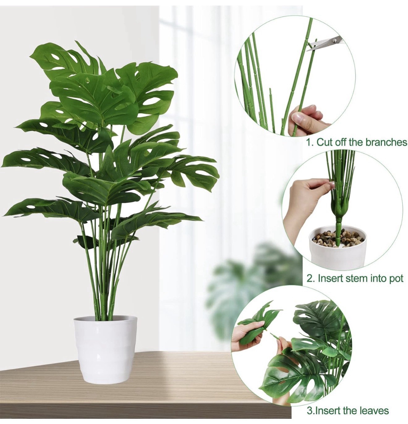 Set Of 2 Artificial Monstera Deliciosa Plants In Pots Fake Tropical Palm Tree