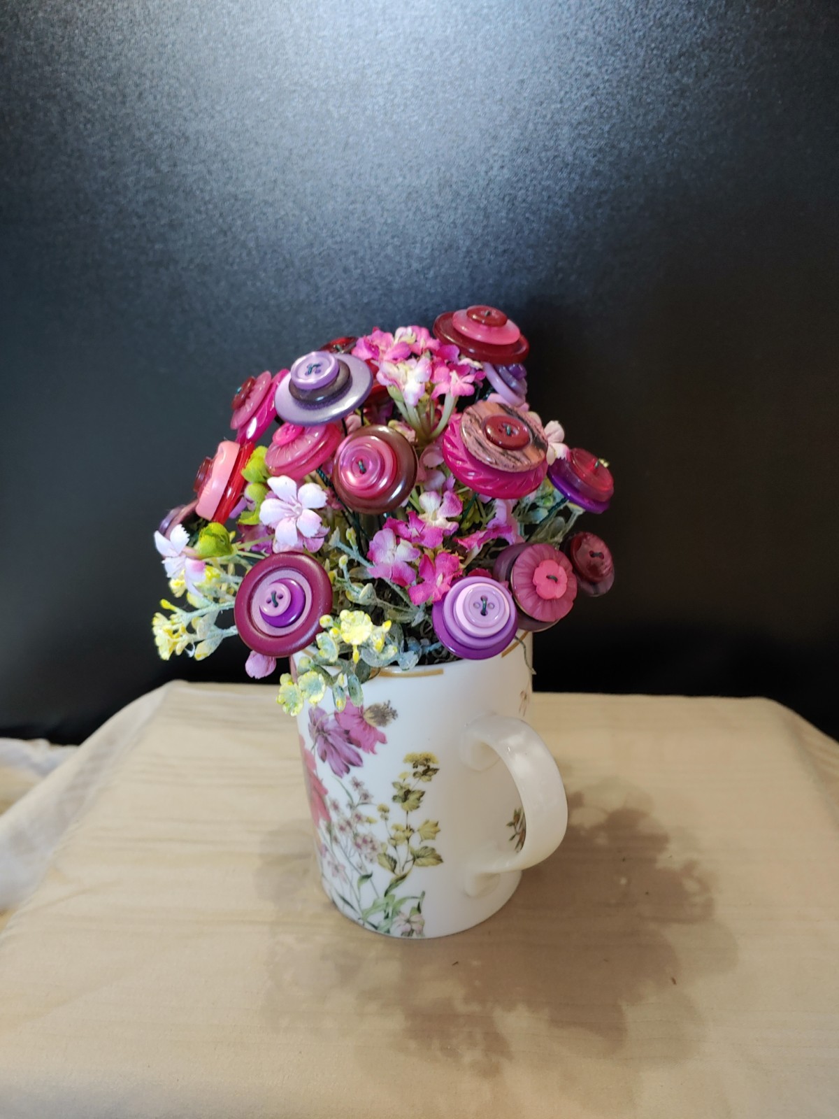 delicate floral mug with pink purple yellow BUTTON BOUQUET