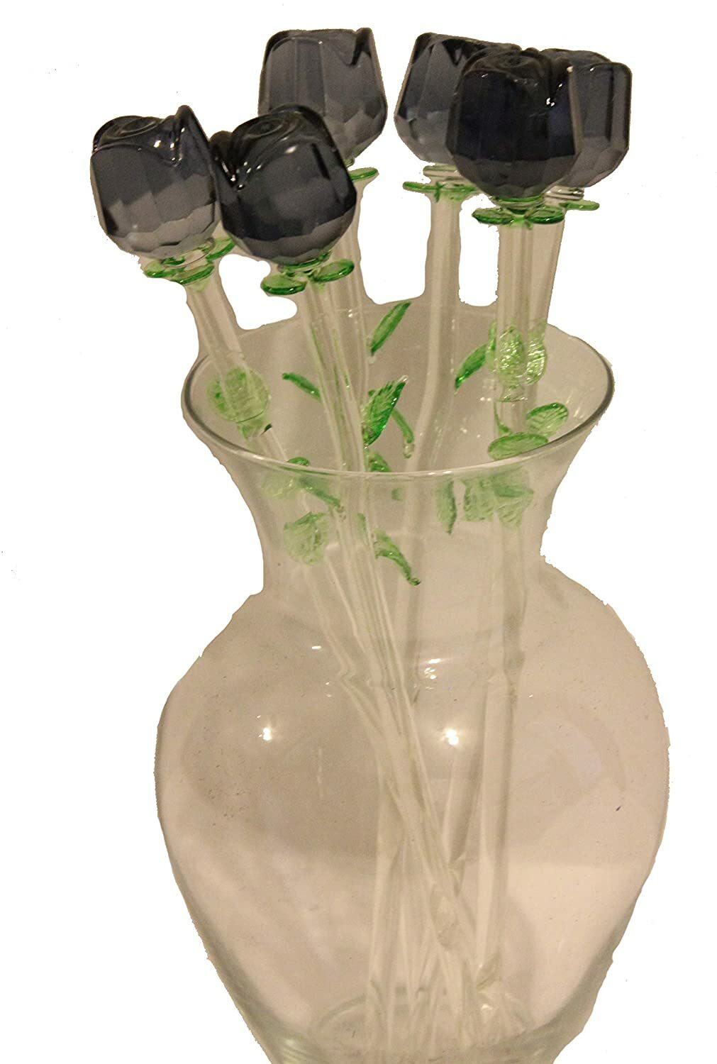 6 Black Flowers, Bouquet 6 Glass Roses with Green Leaves, vase not included!