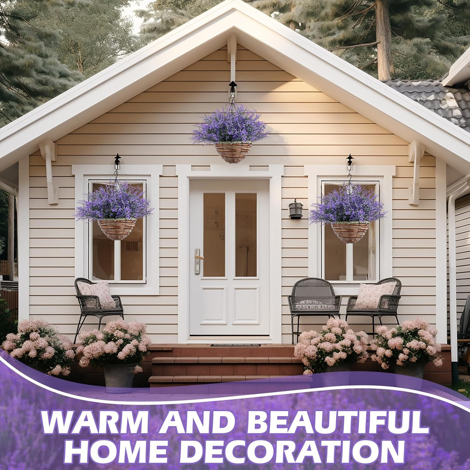 Purple Artificial Lavender Flowers in Hanging Baskets for Indoor/Outdoor Decor