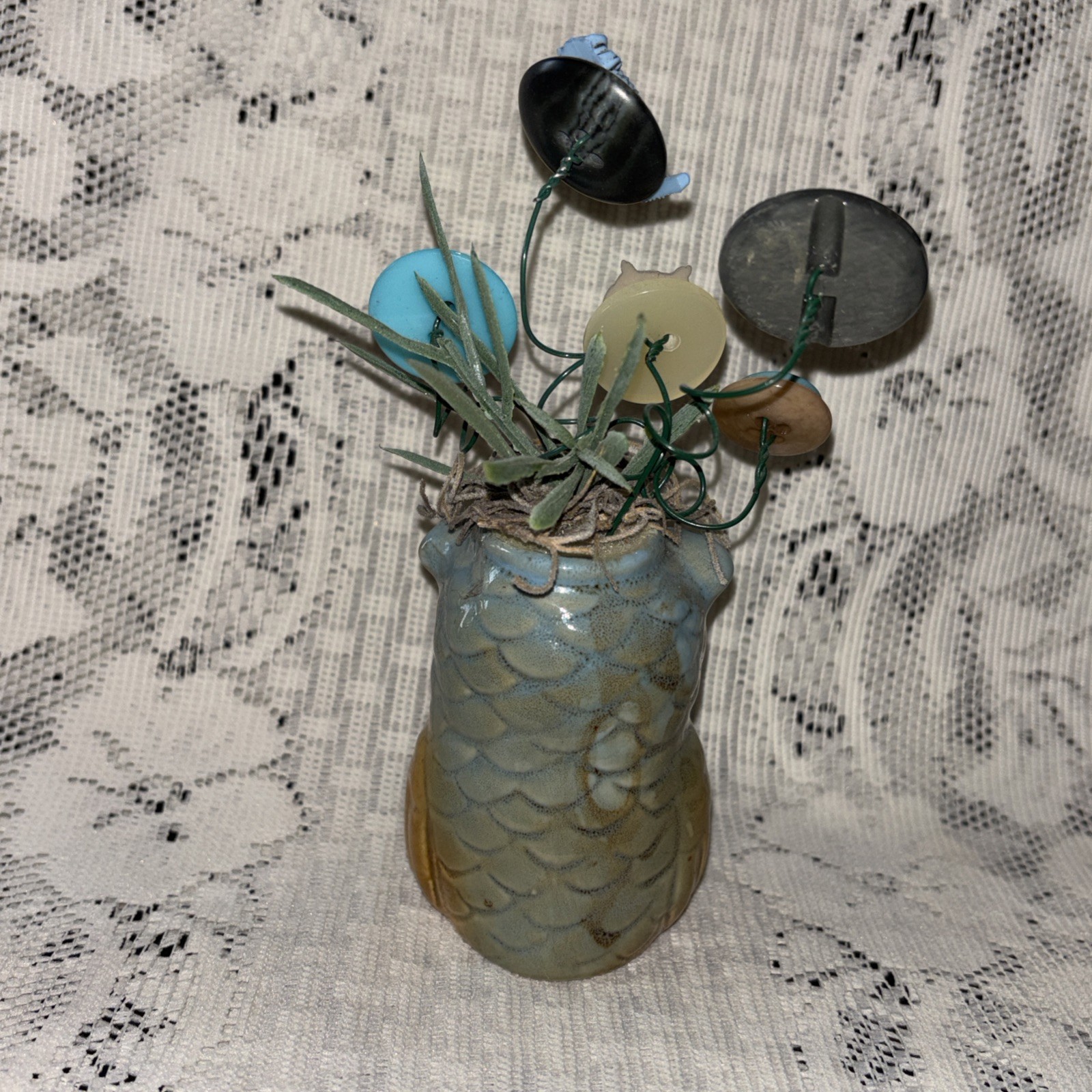 Handmade Button Bouquet Mini Ceramic Owl Vase Home Decor
