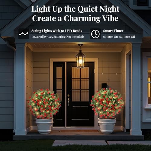 Artificial Boxwood Topiary Ball with LED Lights,23.6” Artificial Red Flowers