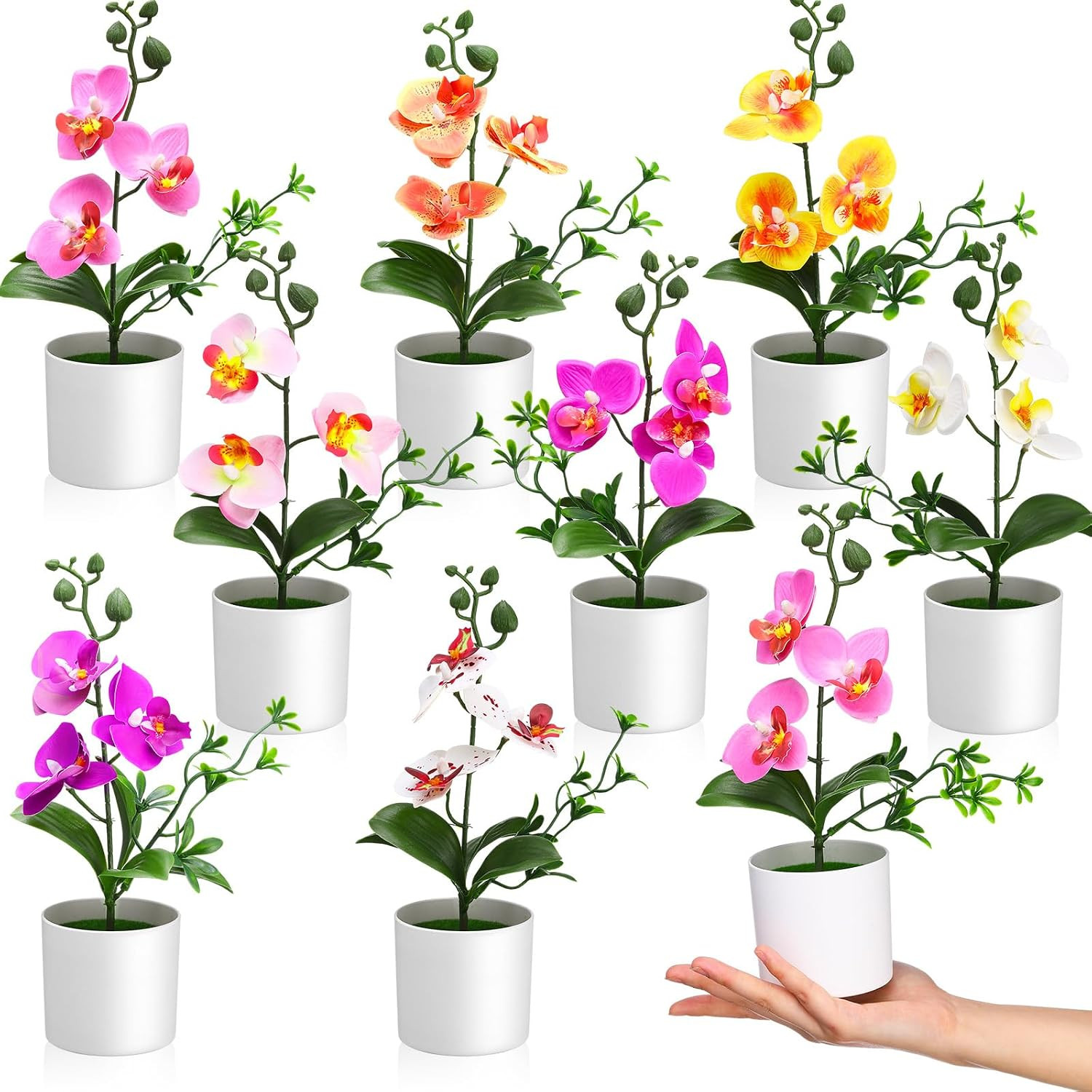 8 Pack Mini Potted Artificial Orchids for Home, Office & Wedding Decor