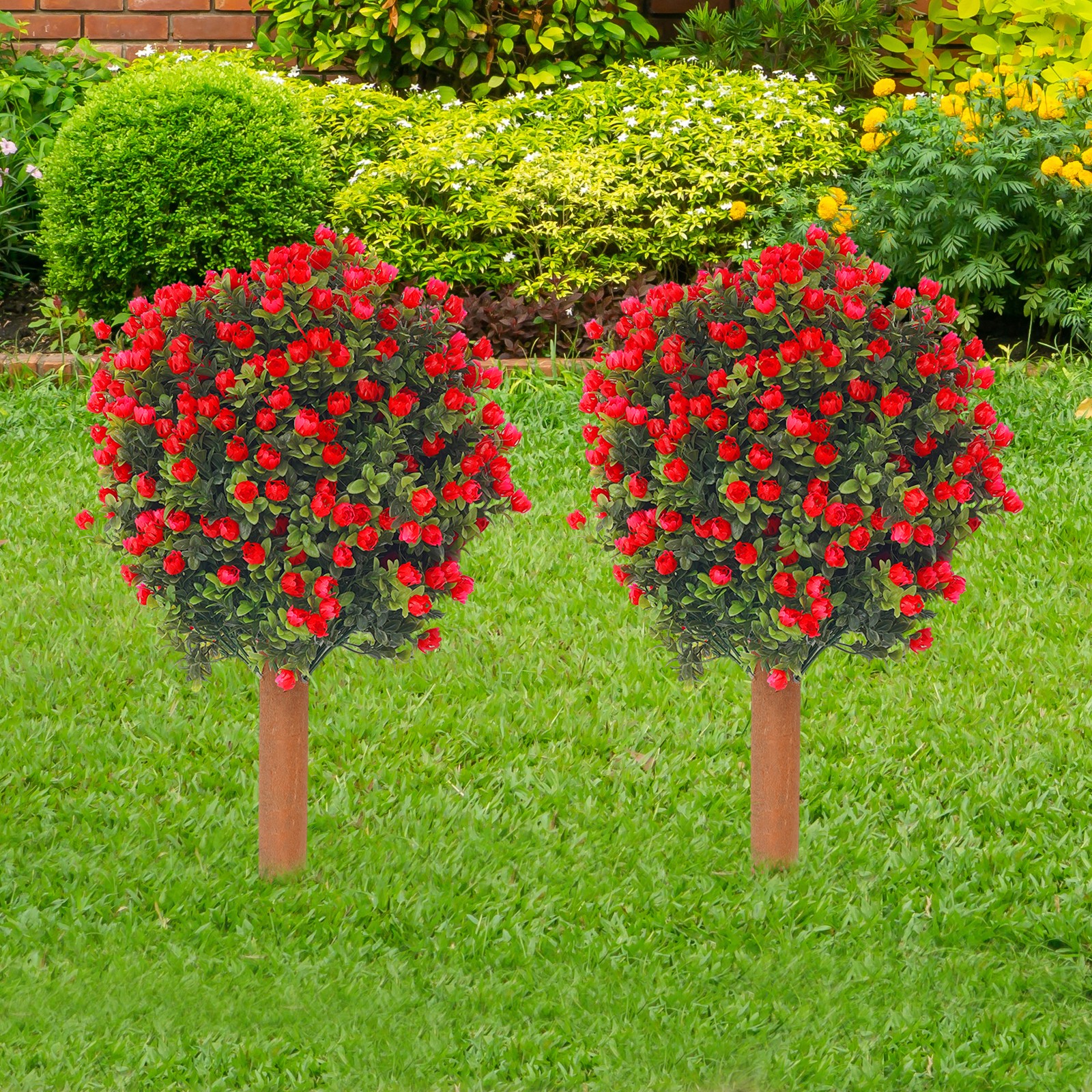 2* Artificial Boxwood Topiary Ball Trees Set with Red Flowers for Indoor/Outdoor