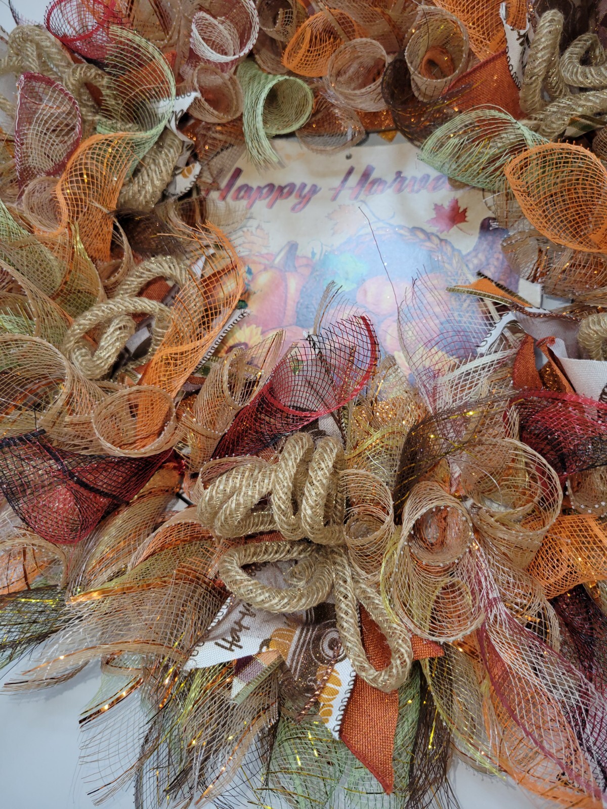 HAPPY HARVEST autumn Spring Mesh Front Door Wreath Wall Decor Bright colors