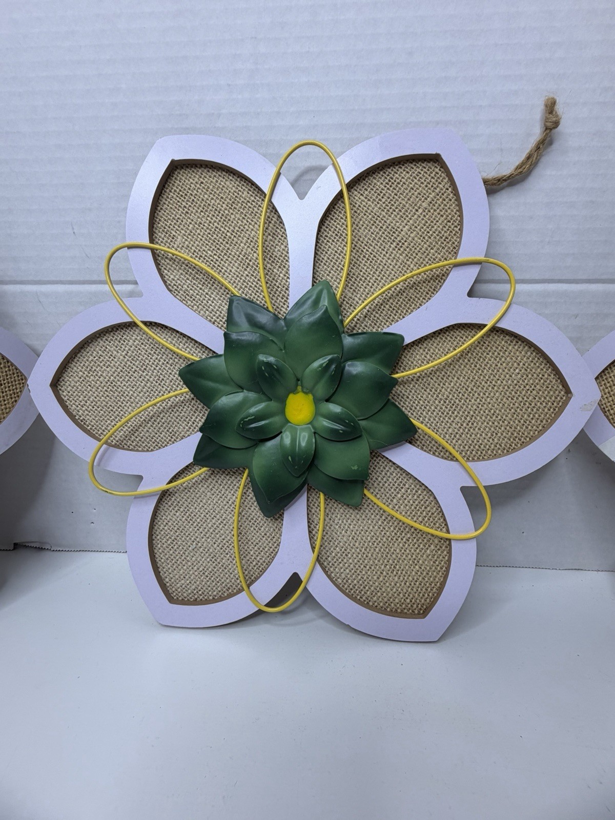 3 Wood Burlap & Metal 3D Flowers Decor Hanging 12” Wall Home Decor Wall Hanger