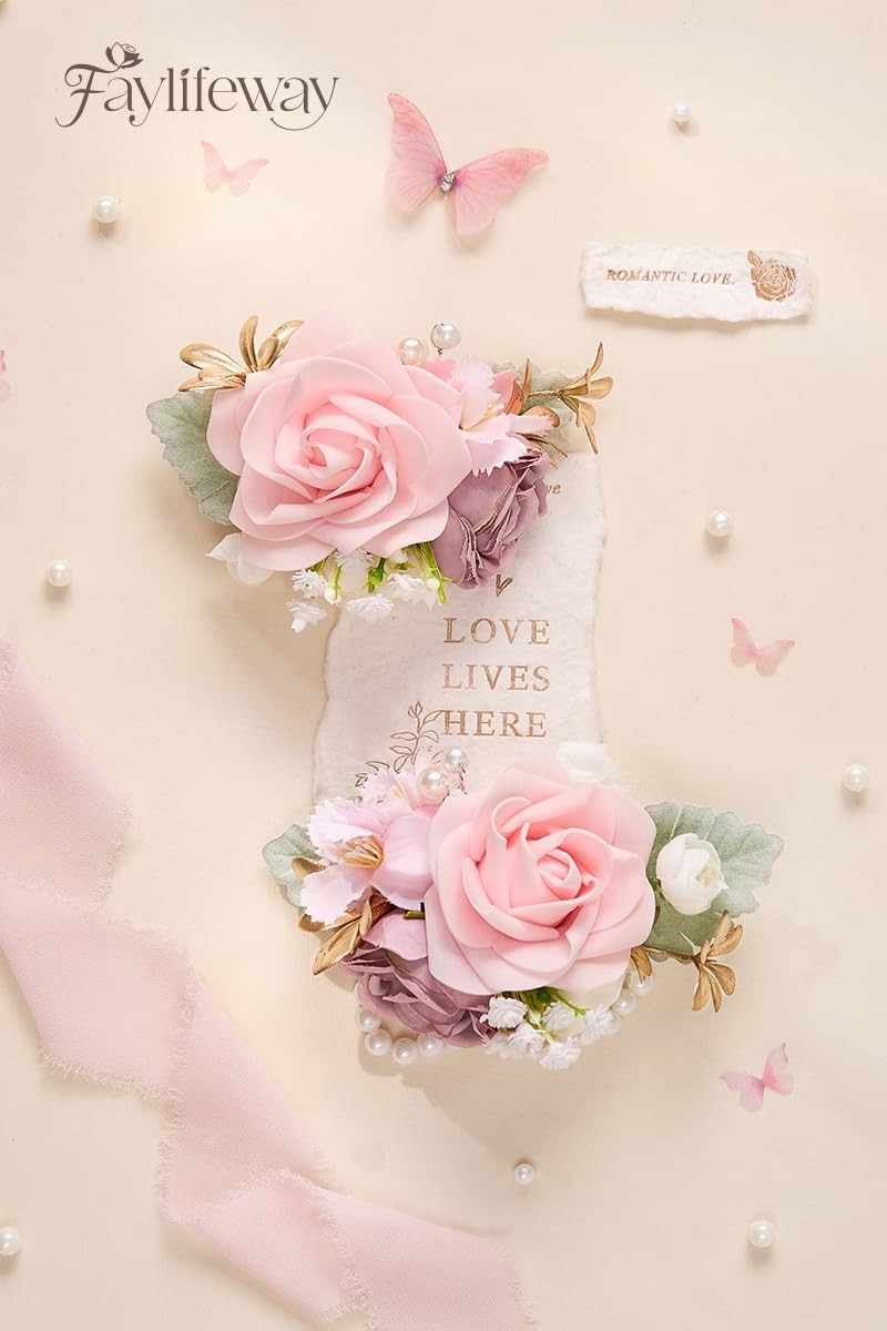 Pink Rose Corsage and Boutonniere Set Prom Flower Wrist Corsage for Wedding B…