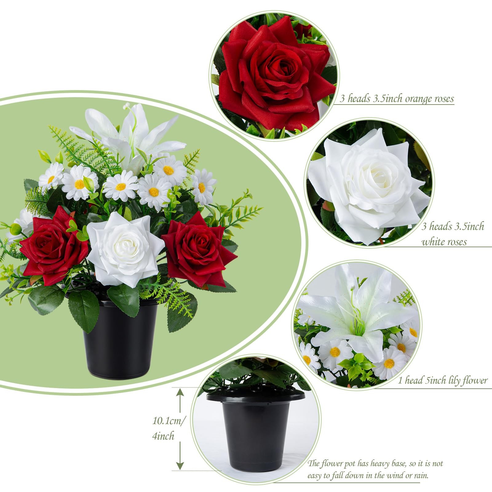 Artificial Grave Flowers in Pots, Artificial Rose Lily Daisy Memorial Flowers…
